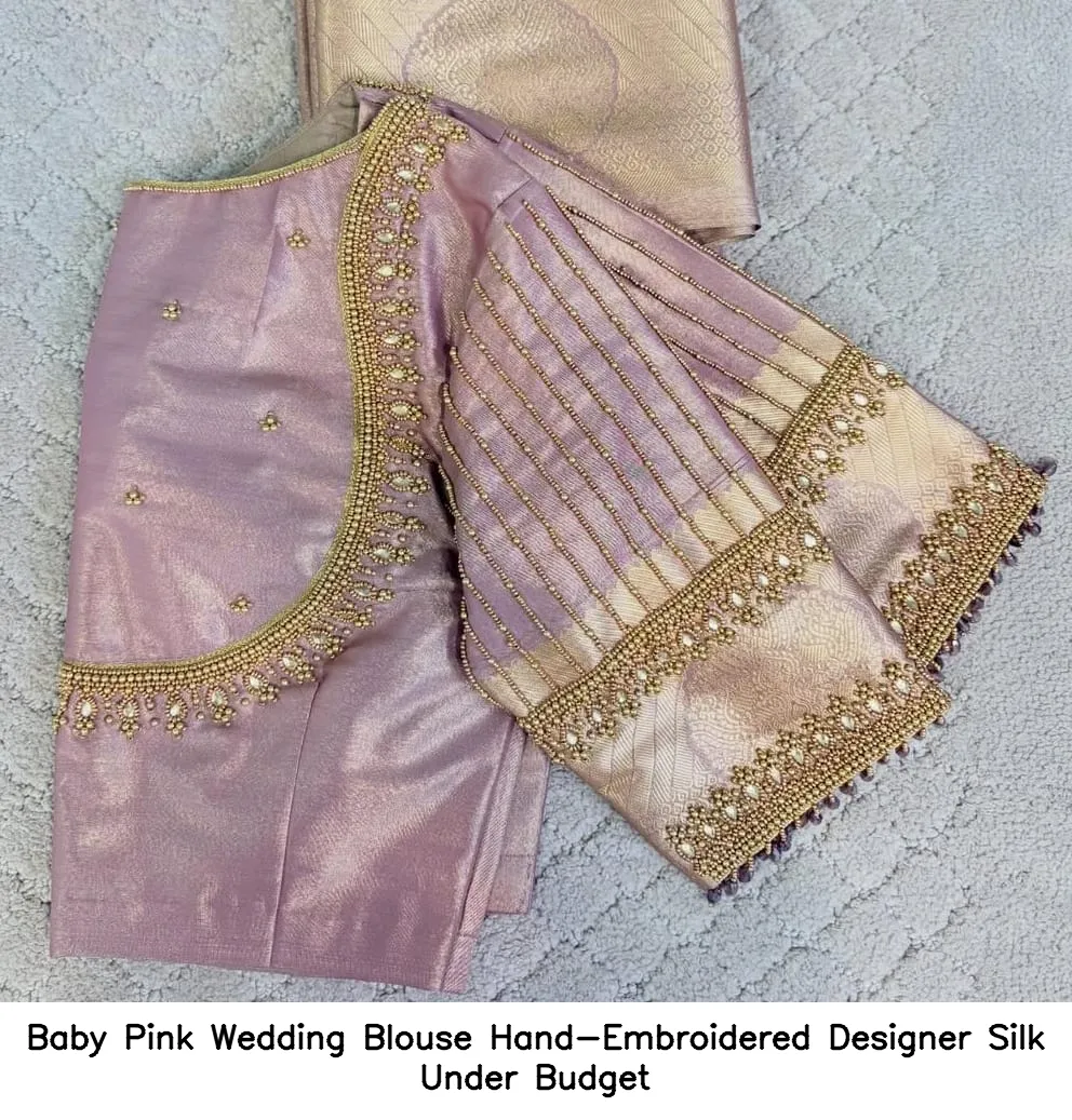 Baby Pink Wedding Blouse – Hand-Embroidered Designer Silk Under Budget