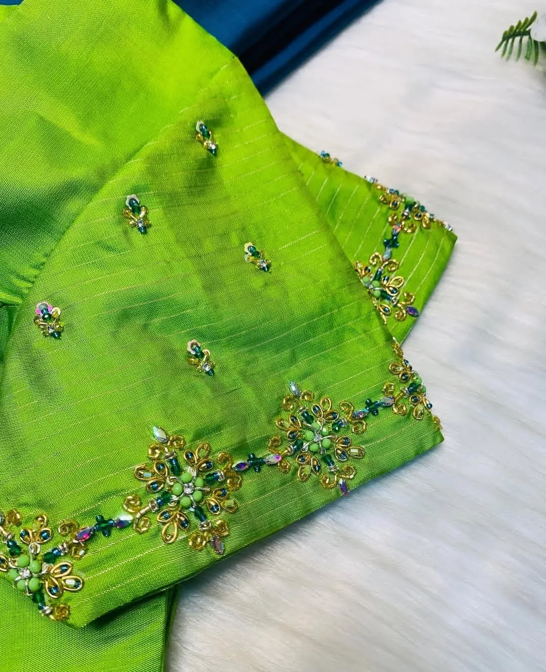 Buy Designer Parrot Green Short Sleeve Maggam Work Blouse Online  Elegant  Trendy