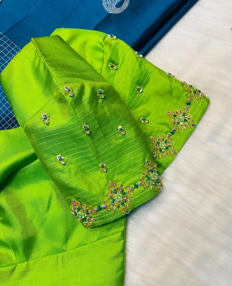 Buy Designer Parrot Green Short Sleeve Maggam Work Blouse Online Elegant Trendy - Image 2