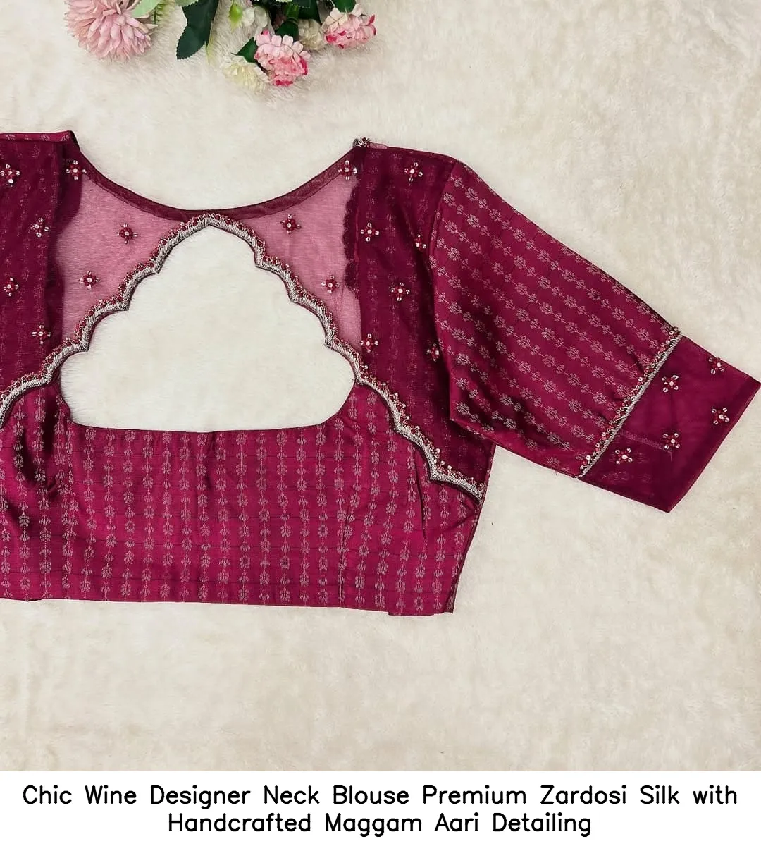 Chic Wine Designer Neck Blouse – Premium Zardosi Silk with Handcrafted Maggam Aari Detailing - Image 2