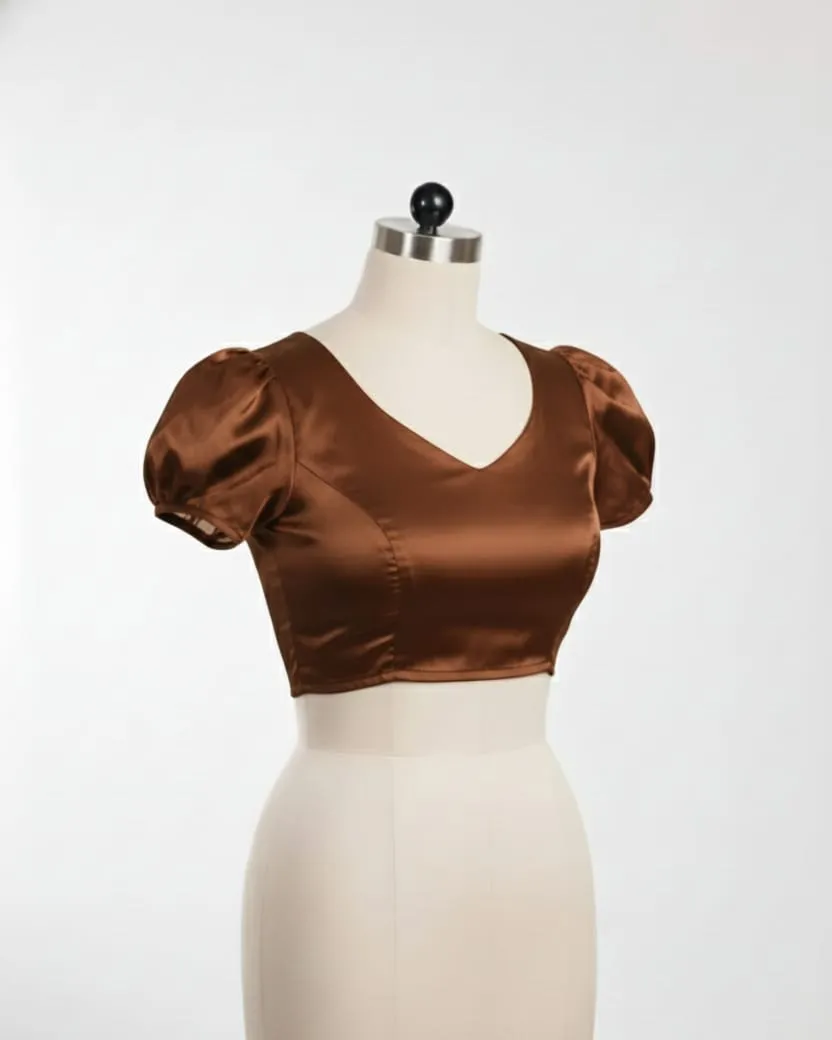 Coffee Brown Puff Sleeve Saree Blouse  Ready to Wear High Neck Designer Blouse for Women