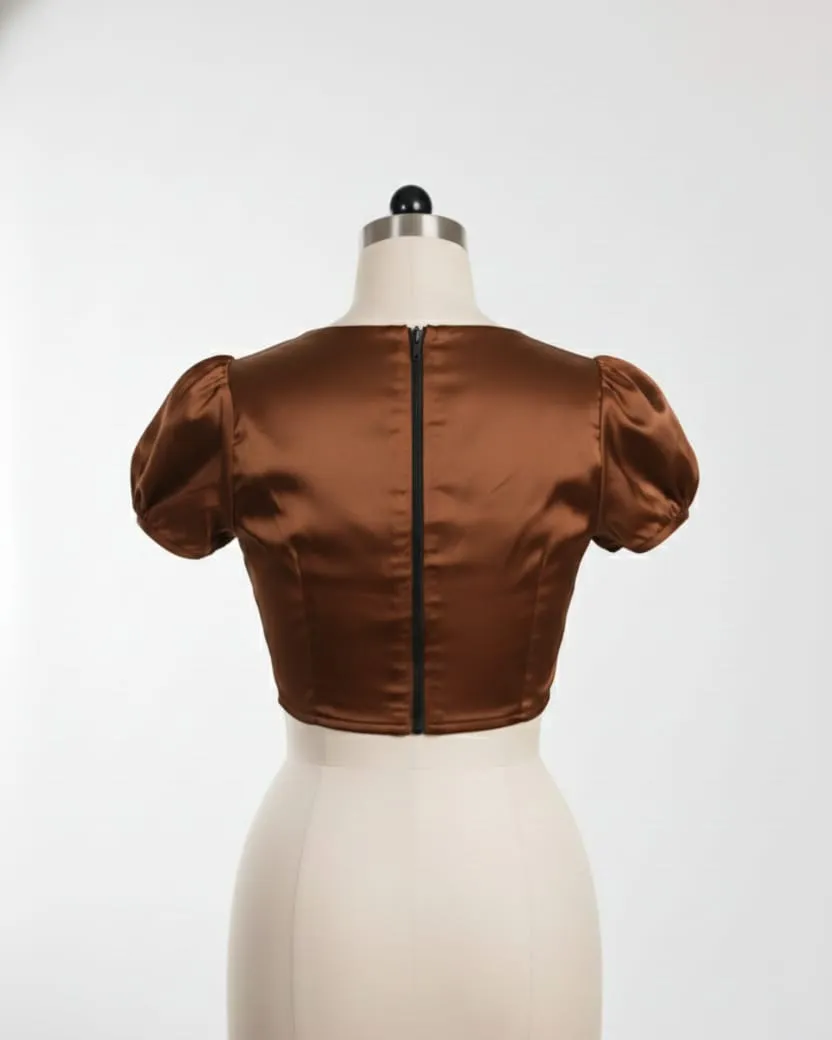 Coffee Brown Puff Sleeve Saree Blouse Ready to Wear High Neck Designer Blouse for Women - Image 2