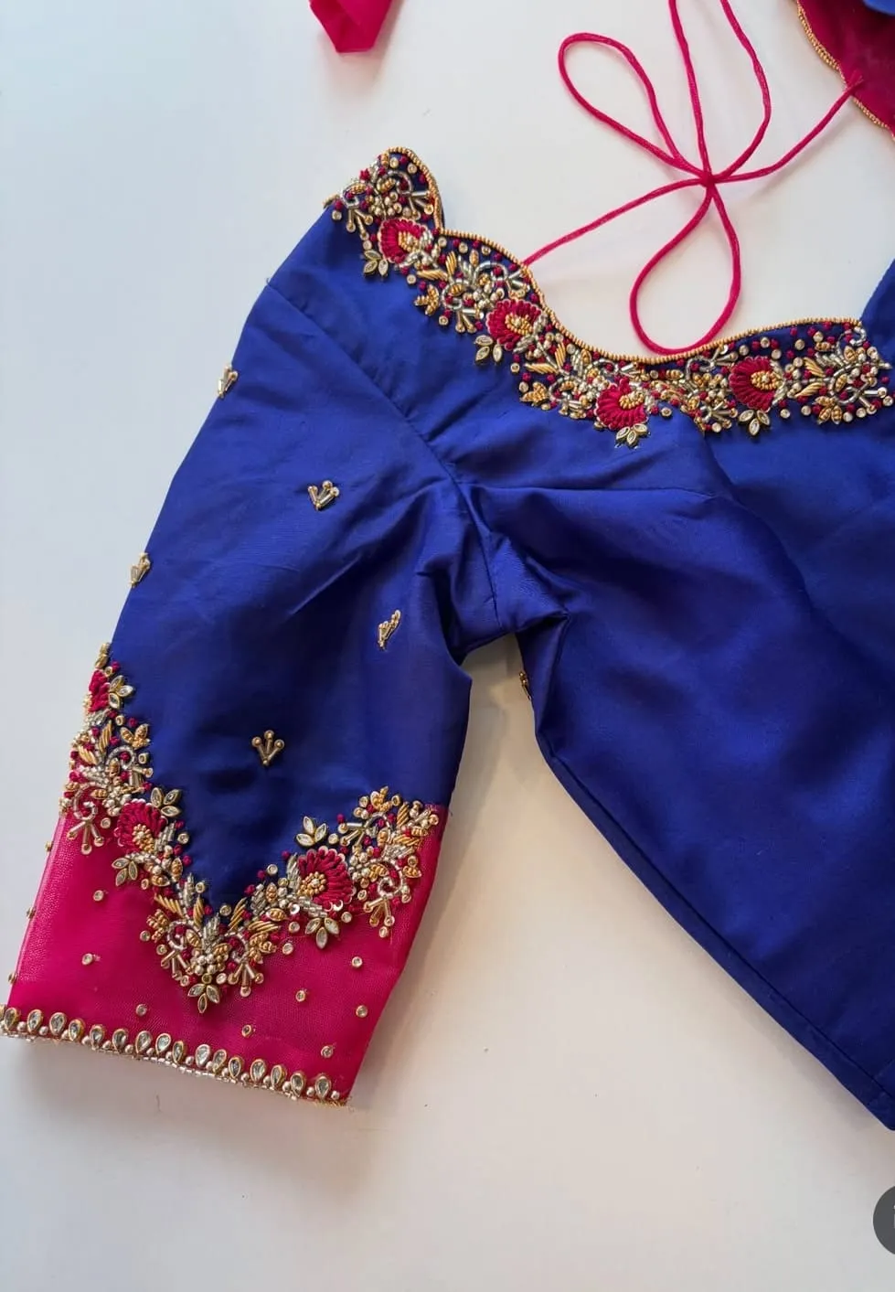 Designer Blue and Pink Net Blouse with Intricate Maggam Work  Budget Friendly