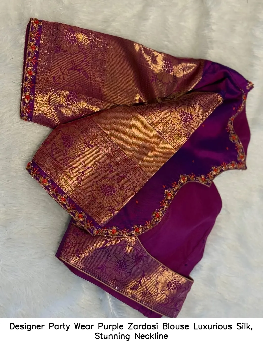 Designer Party Wear Purple Zardosi Blouse – Luxurious Silk, Stunning Neckline