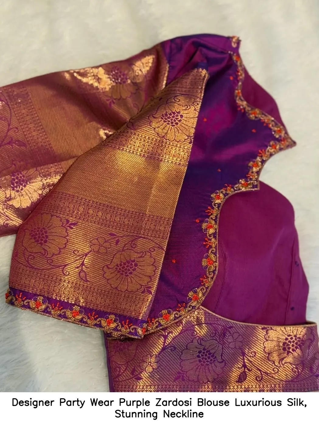 Designer Party Wear Purple Zardosi Blouse – Luxurious Silk, Stunning Neckline - Image 2