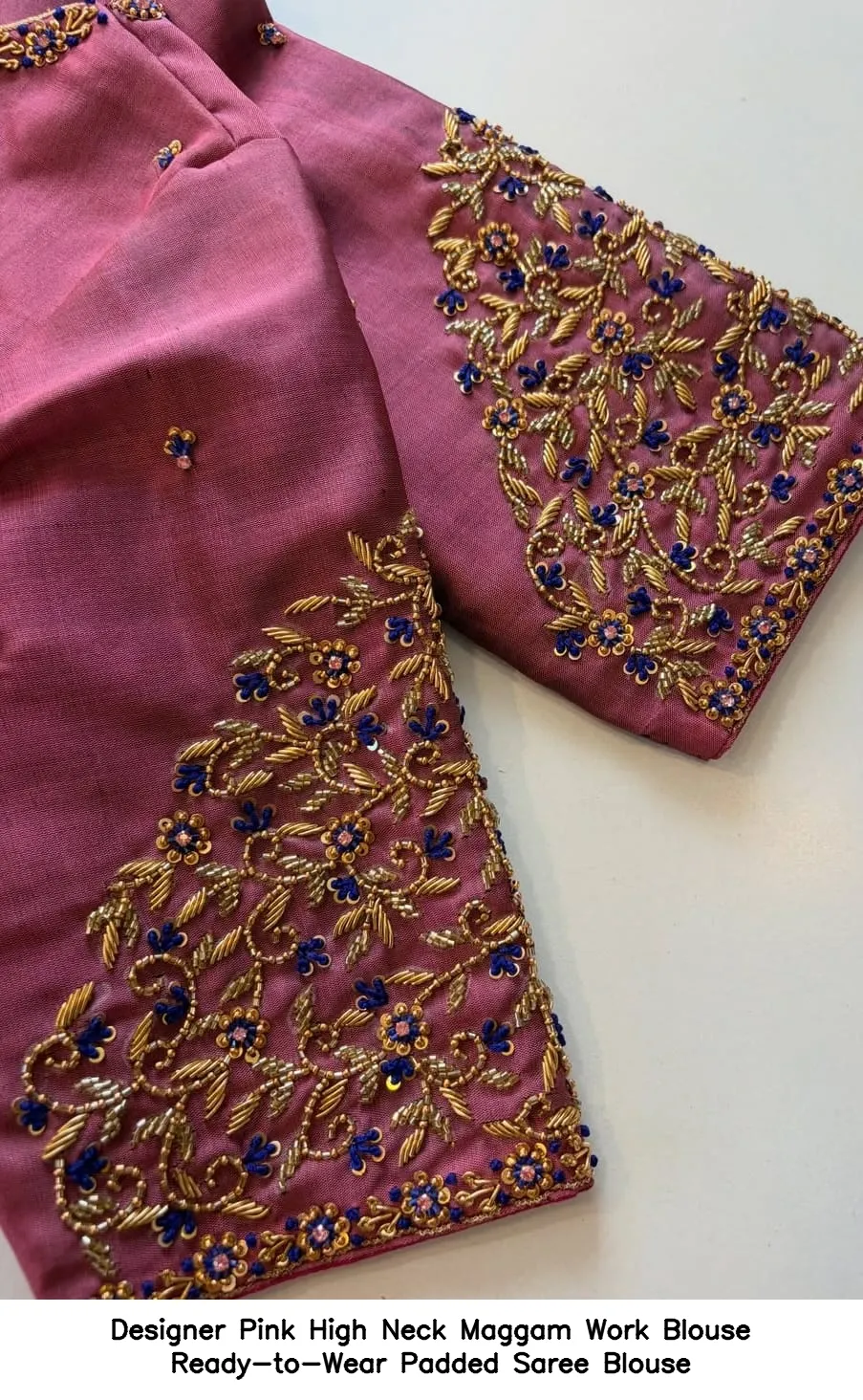 Designer Pink High Neck Maggam Work Blouse  Ready-to-Wear Padded Saree Blouse