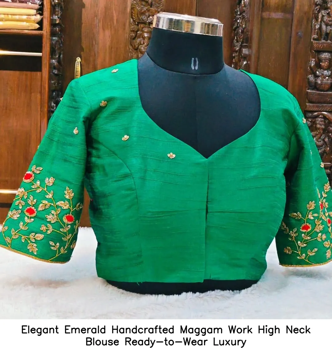 Elegant Emerald Handcrafted Maggam Work High Neck Blouse  Ready-to-Wear Luxury - Xl