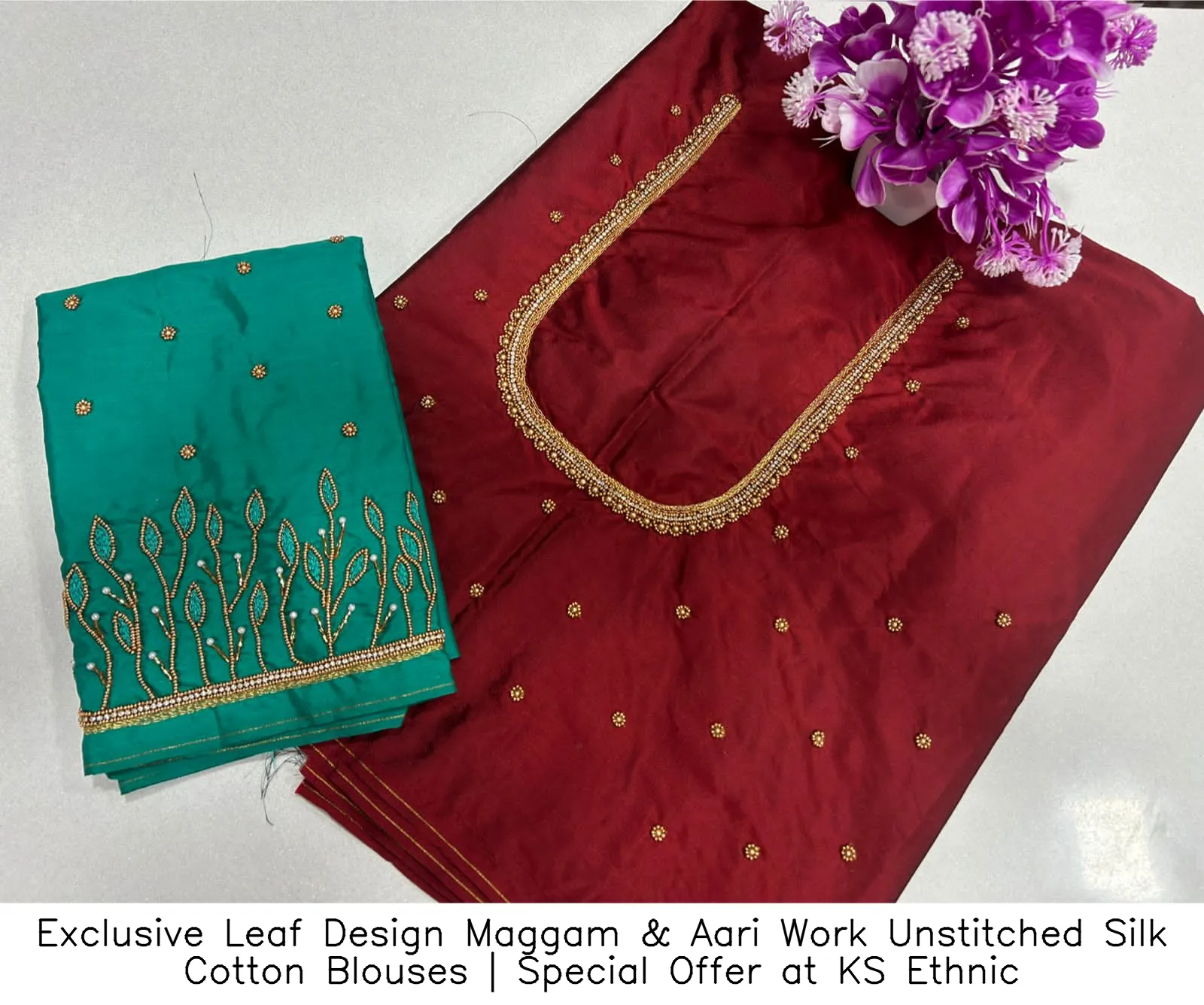Exclusive Leaf Design Maggam & Aari Work Unstitched Silk Cotton Blouses | Special Offer at KS Ethnic