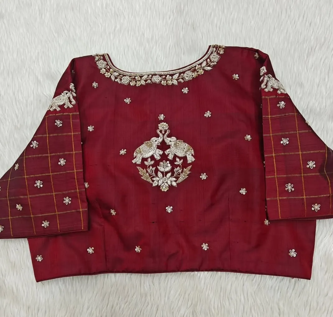 Exclusive Maroon Peacock High Neck Blouse Collection with Handcrafted Maggam Details