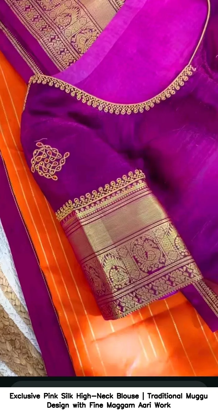 Exclusive Pink Silk High-Neck Blouse | Traditional Muggu Design with Fine Maggam Aari Work