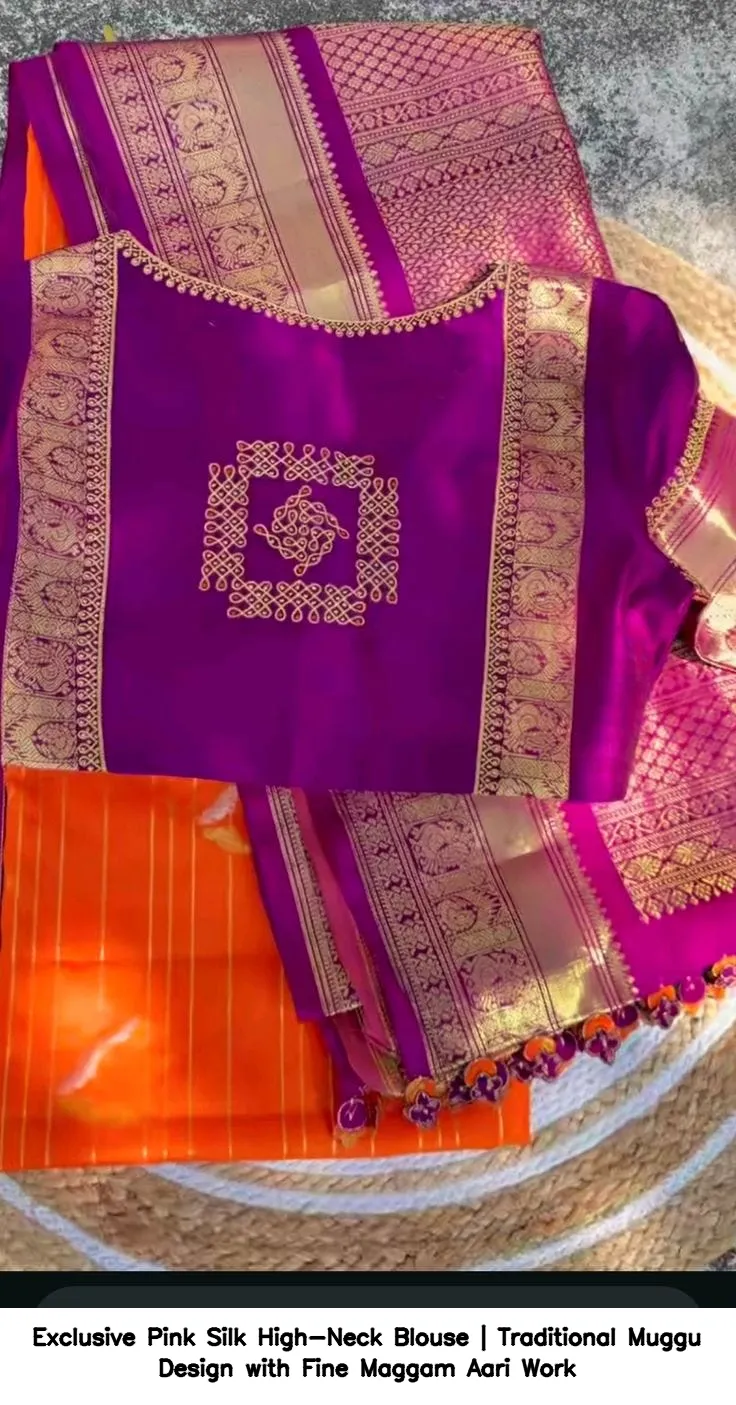 Exclusive Pink Silk High-Neck Blouse | Traditional Muggu Design with Fine Maggam Aari Work - Image 3
