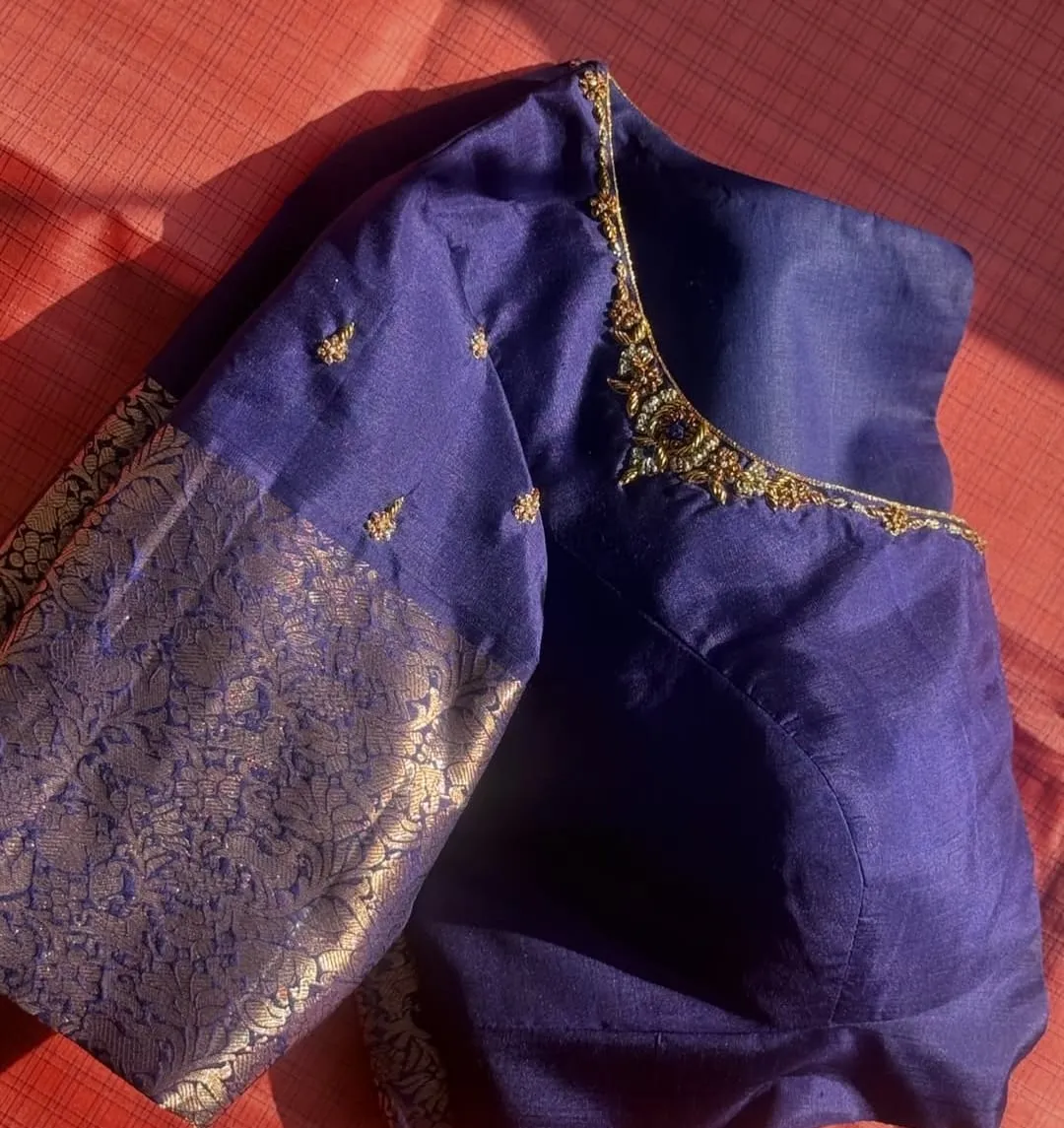 Ink Blue Zardosi Cutwork Bridal Maggam Work Blouse Grand Luxury Wedding Design - Image 2