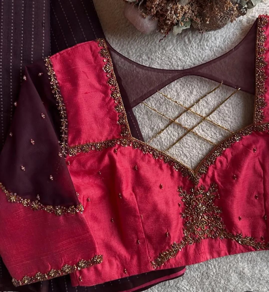 Latest Cranberry Pink Bridal Maggam Work Blouse Design for South Indian Weddings