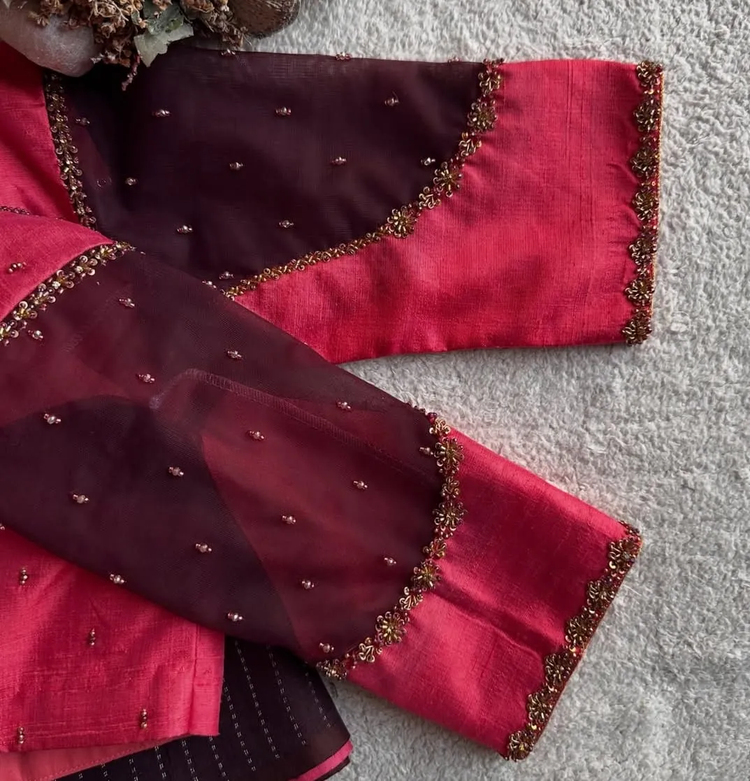 Latest Cranberry Pink Bridal Maggam Work Blouse Design for South Indian Weddings - Image 2