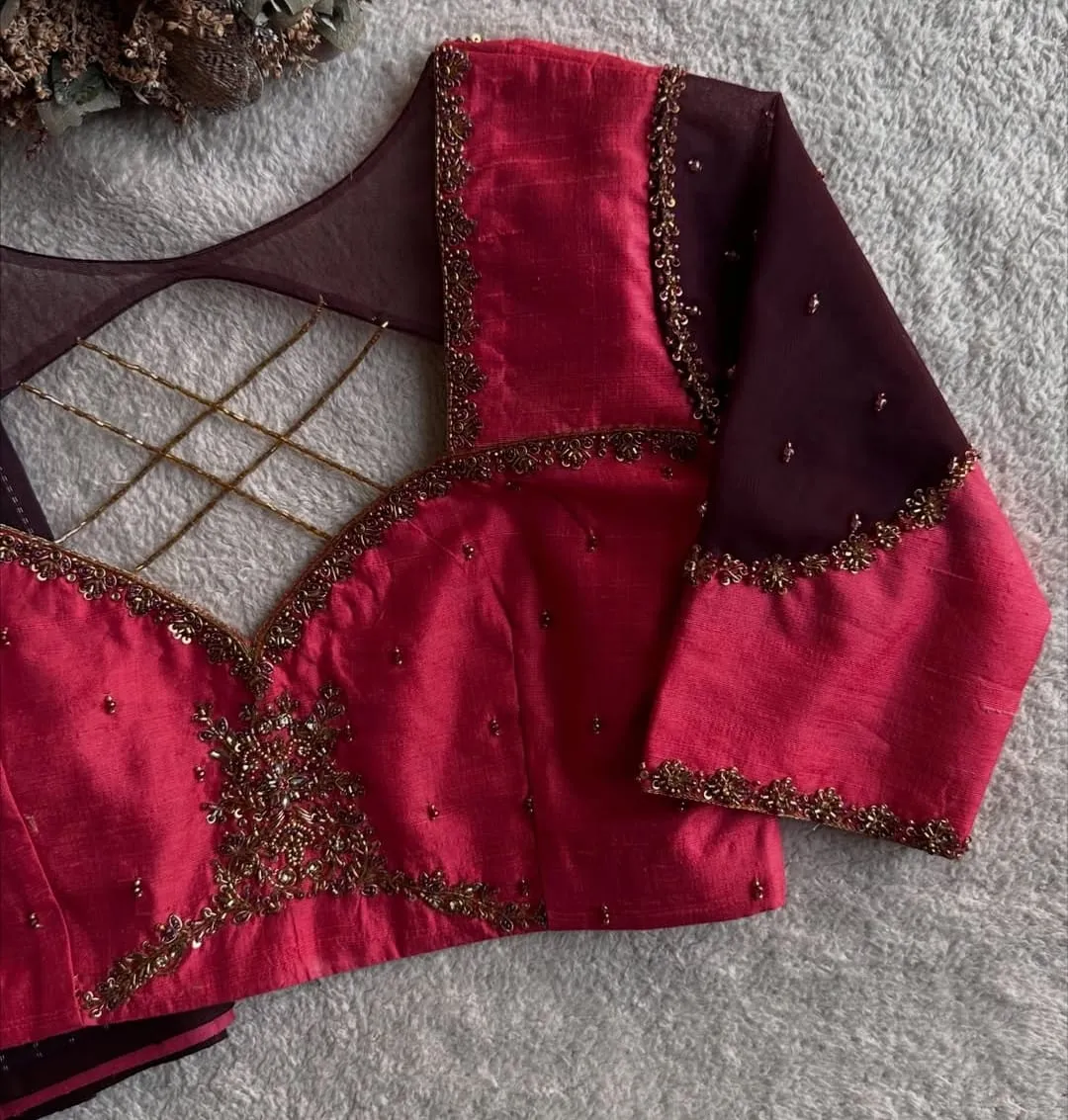 Latest Cranberry Pink Bridal Maggam Work Blouse Design for South Indian Weddings - Image 3
