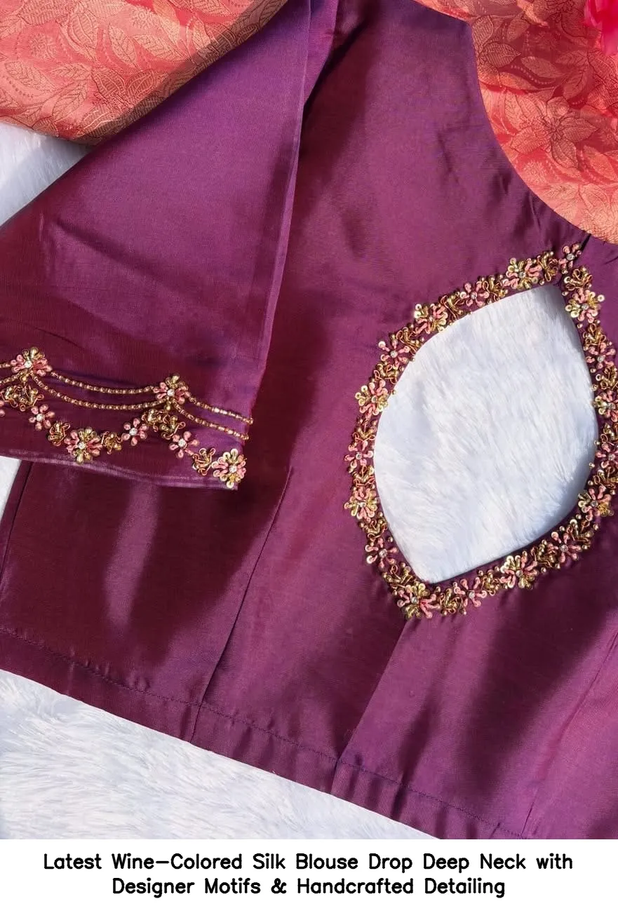 Latest Wine-Colored Silk Blouse – Drop Deep Neck with Designer Motifs & Handcrafted Detailing