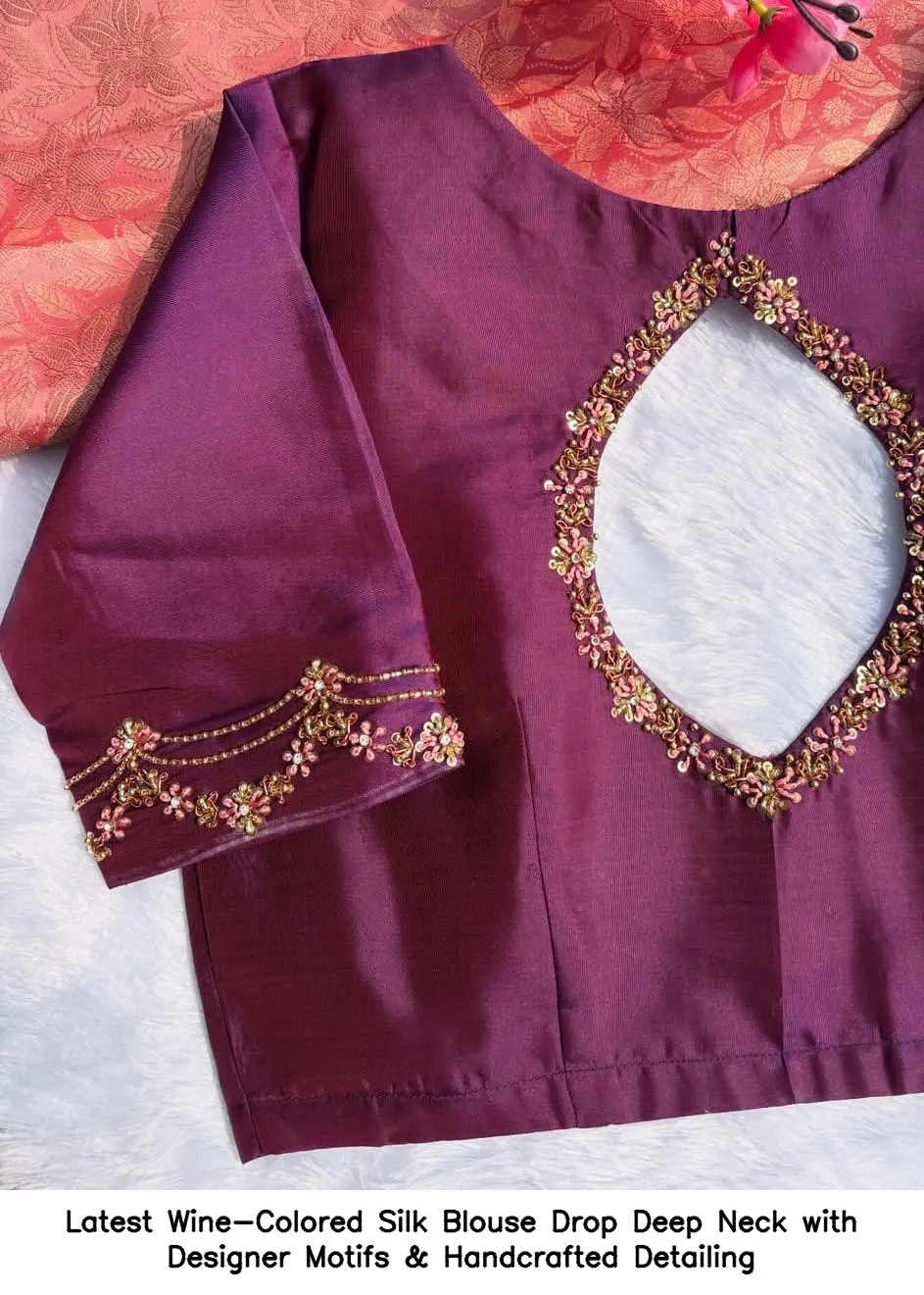 Latest Wine-Colored Silk Blouse – Drop Deep Neck with Designer Motifs & Handcrafted Detailing - Image 3