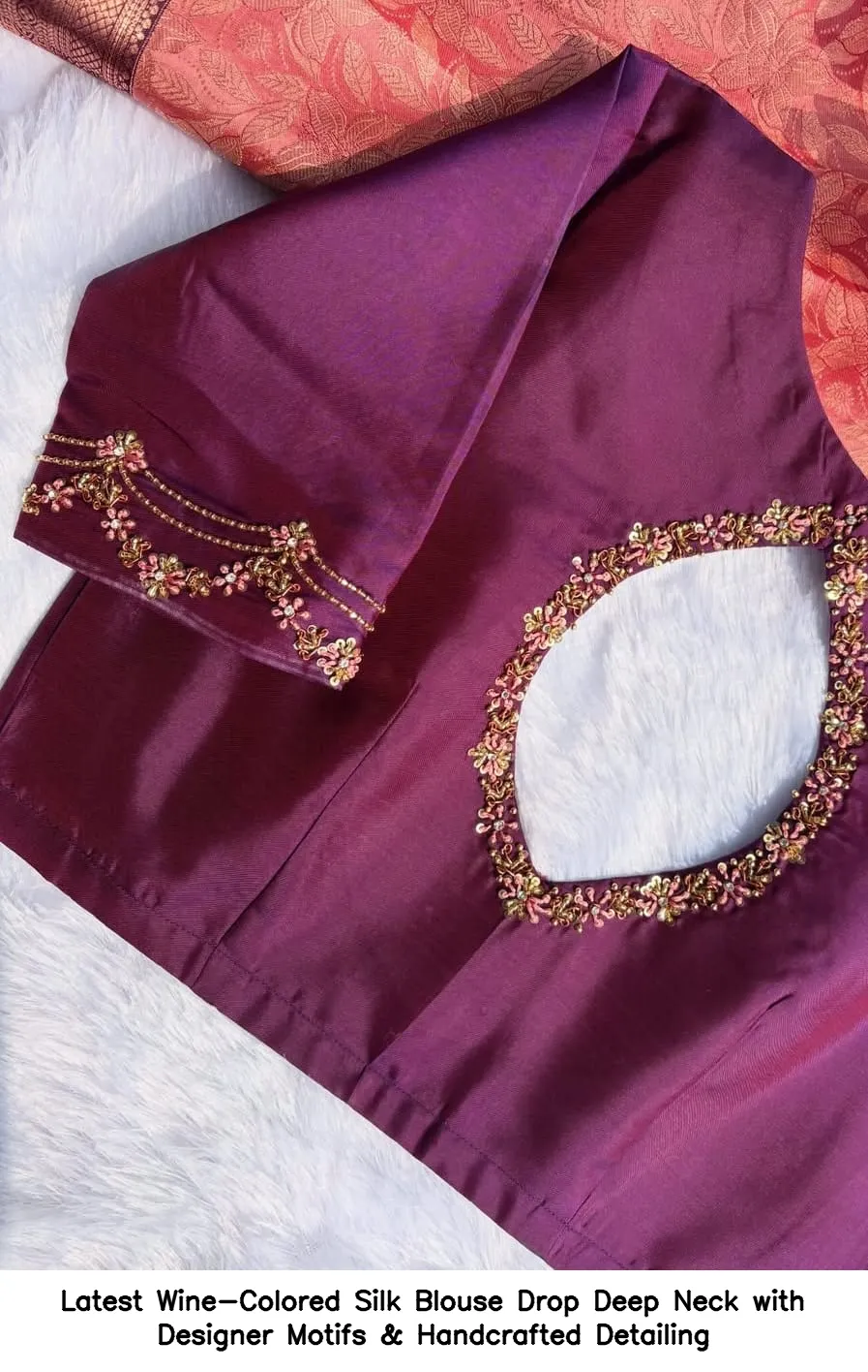 Latest Wine-Colored Silk Blouse – Drop Deep Neck with Designer Motifs & Handcrafted Detailing - Image 5