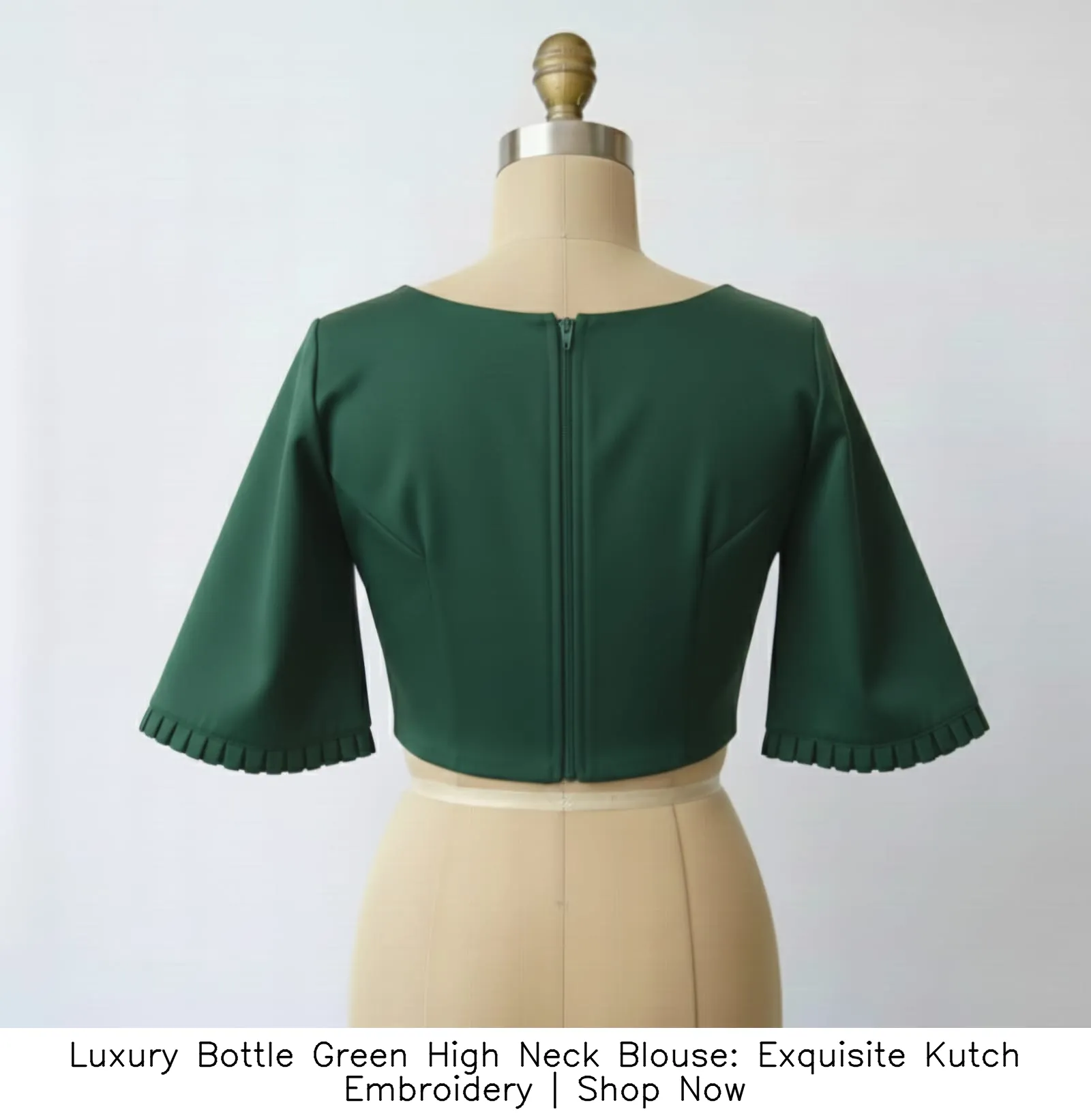 Luxury Bottle Green High Neck Blouse: Exquisite Kutch Embroidery | Shop Now