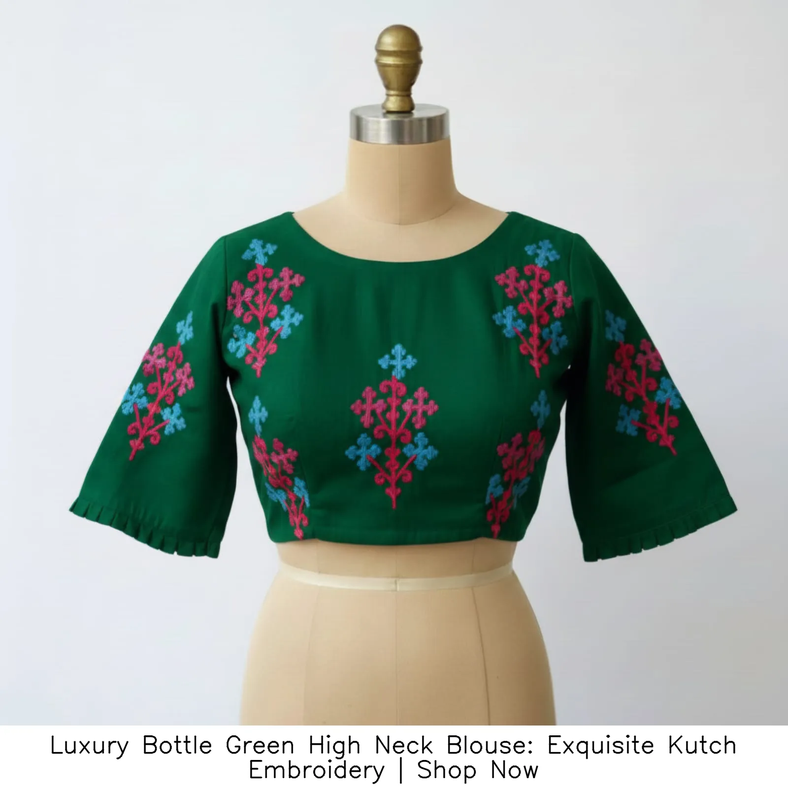 Luxury Bottle Green High Neck Blouse: Exquisite Kutch Embroidery | Shop Now - Image 2