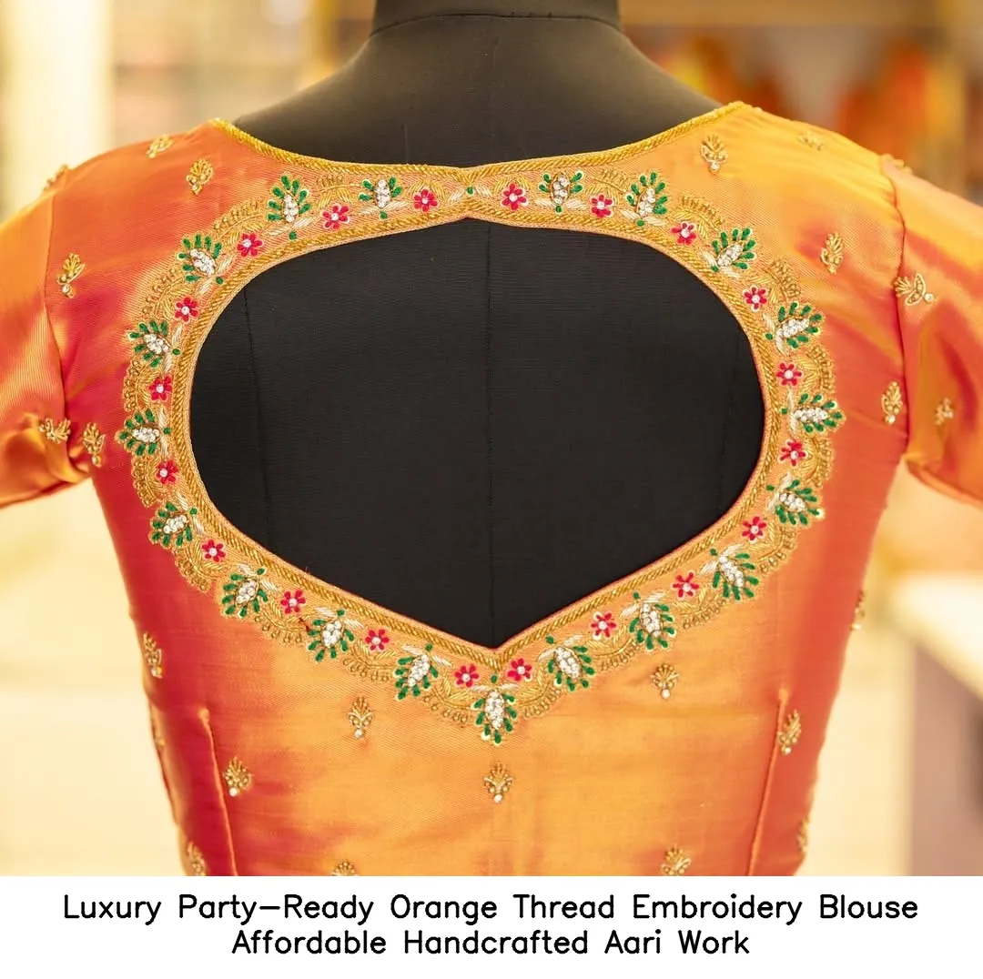 Luxury Party-Ready Orange Thread Embroidery Blouse – Affordable Handcrafted Aari Work - Image 2