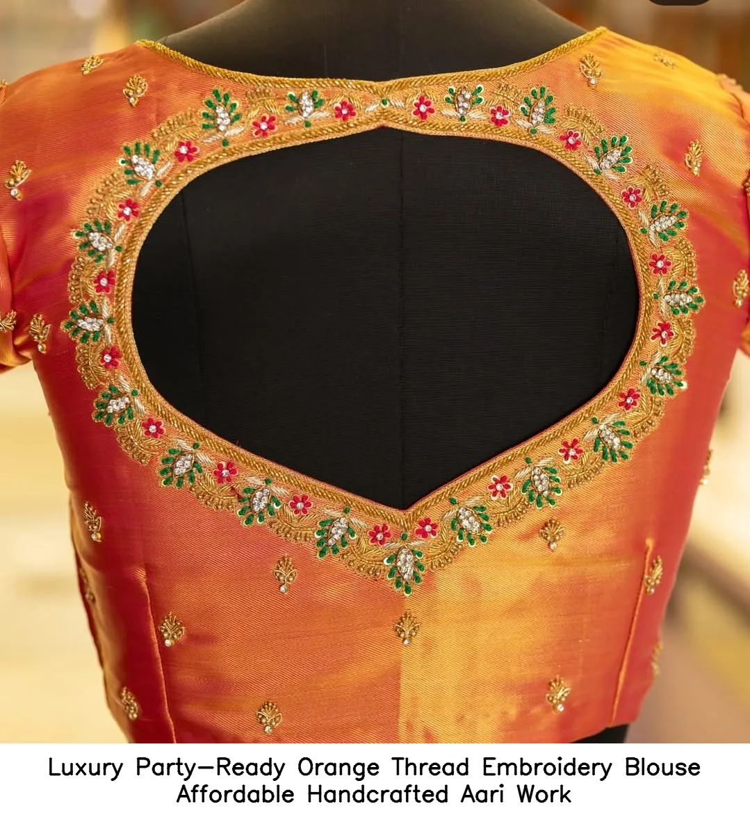 Luxury Party-Ready Orange Thread Embroidery Blouse – Affordable Handcrafted Aari Work - Image 3