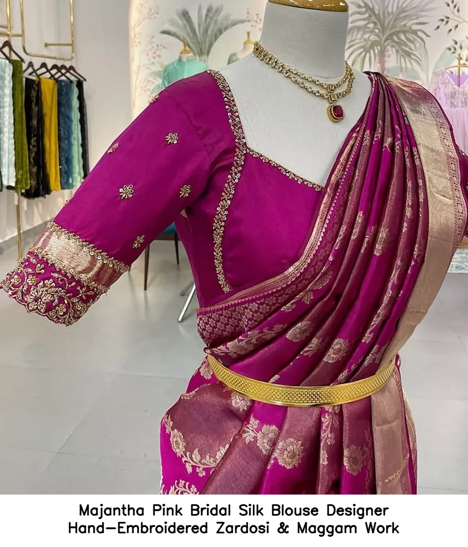 Majantha Pink Bridal Silk Blouse – Designer Hand-Embroidered Zardosi & Maggam Work - Image 2