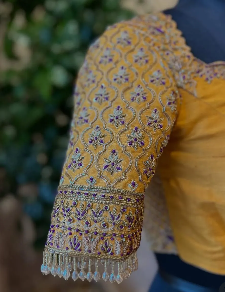 Mustard Yellow Bridal Raw Silk Maggam Work Blouse  Luxury Wedding Designer Look Under Budget