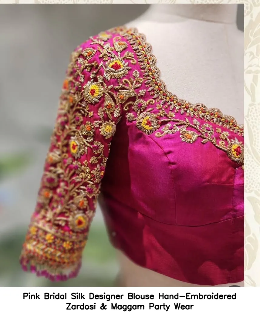 Pink Bridal Silk Designer Blouse – Hand-Embroidered Zardosi & Maggam Party Wear