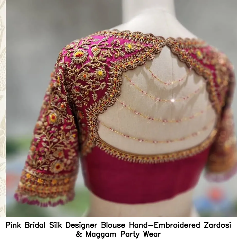 Pink Bridal Silk Designer Blouse – Hand-Embroidered Zardosi & Maggam Party Wear - Image 2
