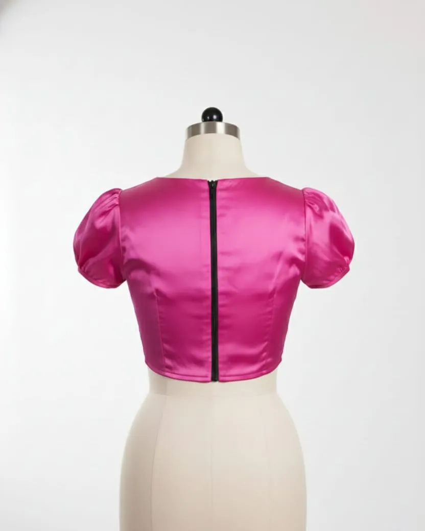 Pink Puff Sleeve High Neck Saree Blouse Ready to Wear Designer Blouse for Parties Weddings - Image 2