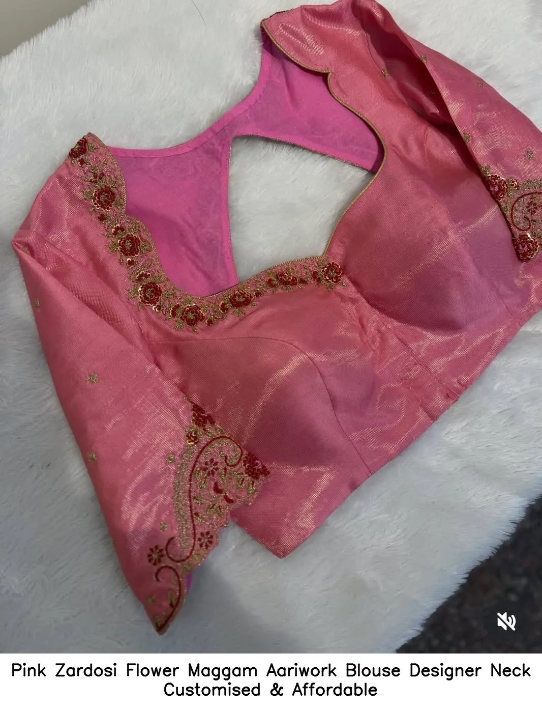 Pink Zardosi Flower Maggam Aariwork Blouse – Designer Neck Customised & Affordable