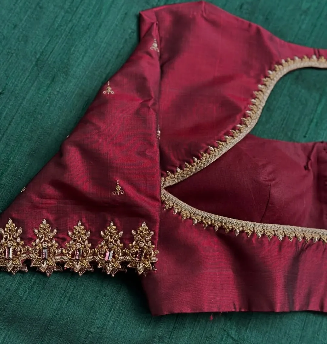 Premium Maroon Bridal Maggam Work Blouse with Zardosi Cutwork Elegant Wedding Exclusive - Image 2