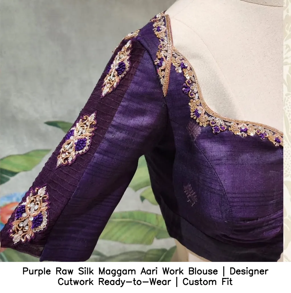 Purple Raw Silk Maggam Aari Work Blouse | Designer Cutwork Ready-to-Wear | Custom Fit