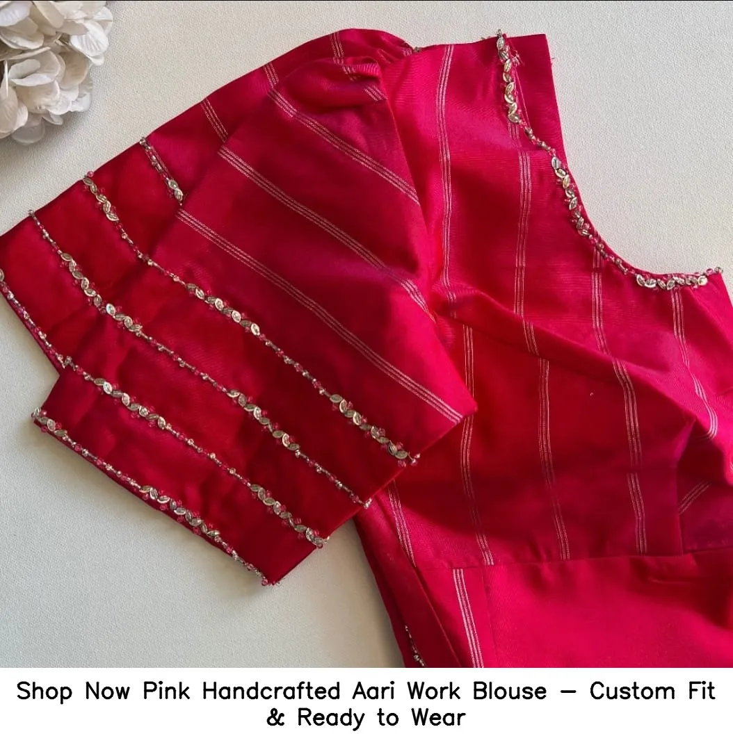Shop Now Pink Handcrafted Aari Work Blouse - Custom Fit & Ready to Wear - Image 3