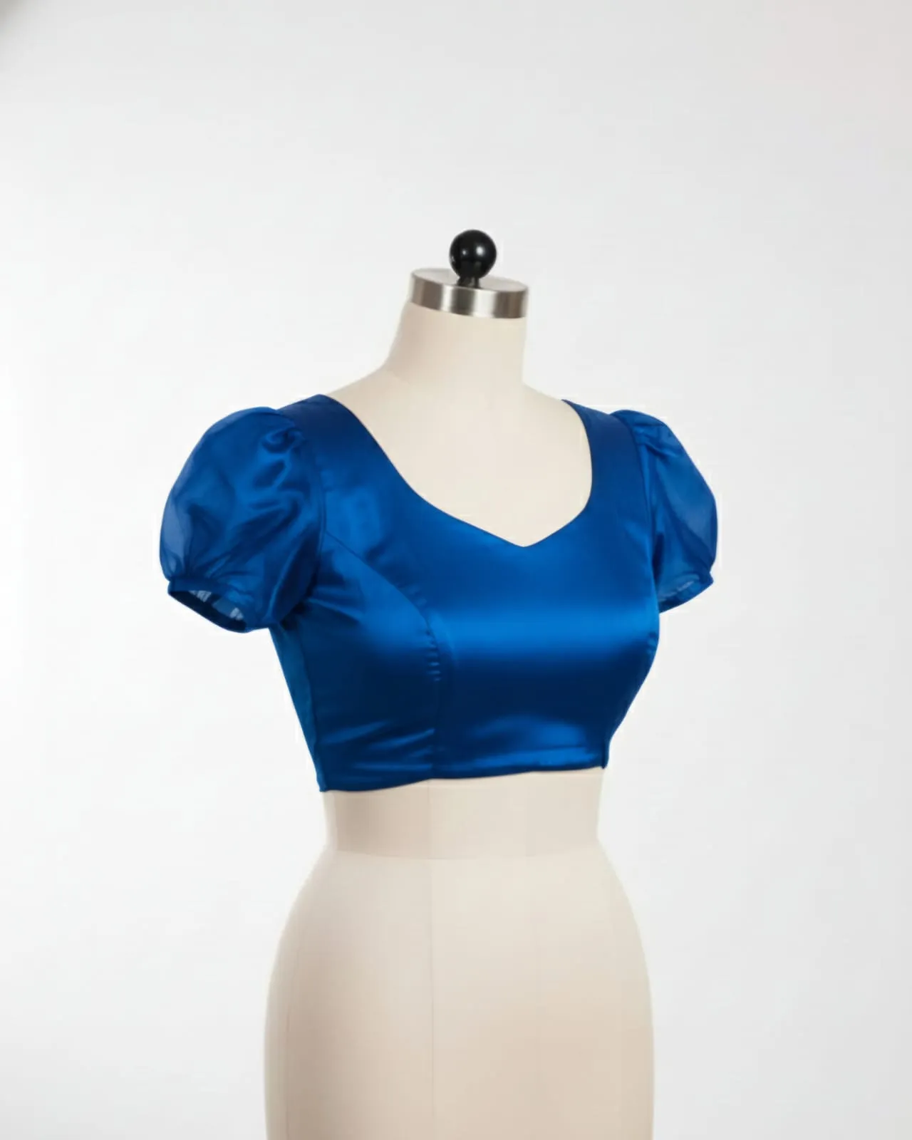 Stunning Blue Puff Sleeve High Neck Saree Blouse  Ready to Wear Elegance