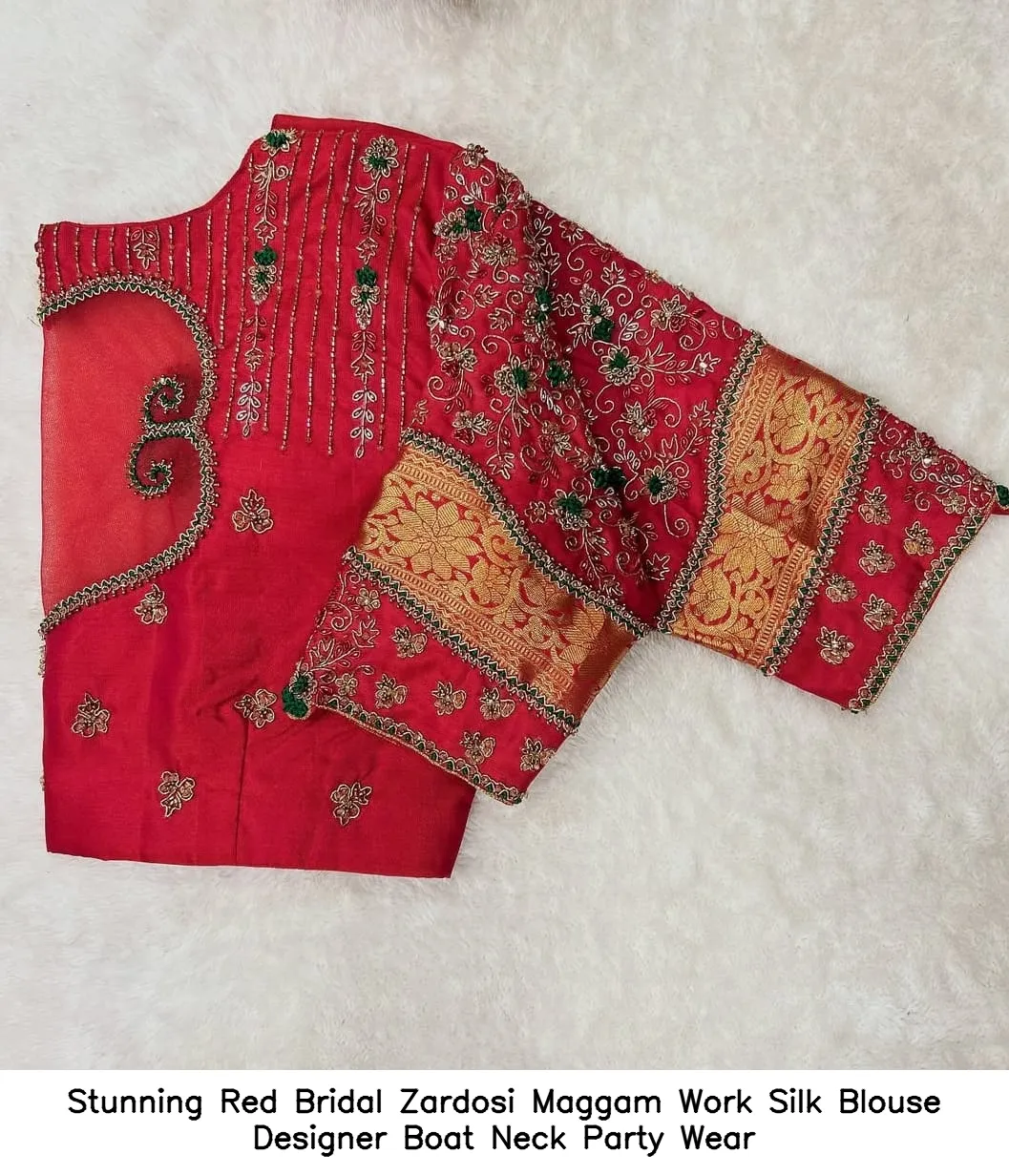 Stunning Red Bridal Zardosi Maggam Work Silk Blouse – Designer Boat Neck Party Wear