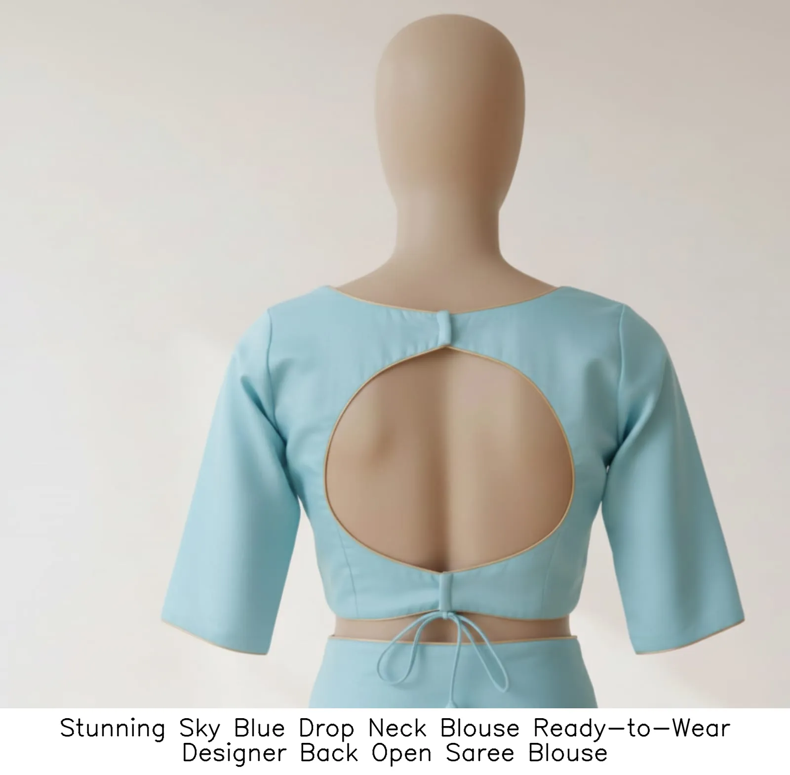 Stunning Sky Blue Drop Neck Blouse Ready-to-Wear Designer Back Open Saree Blouse
