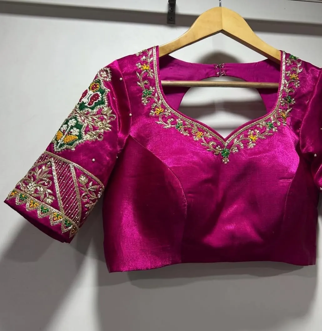 Trending Pink Velvet Bridal Raw Silk Blouse  Heavy Maggam Work Wedding Designer