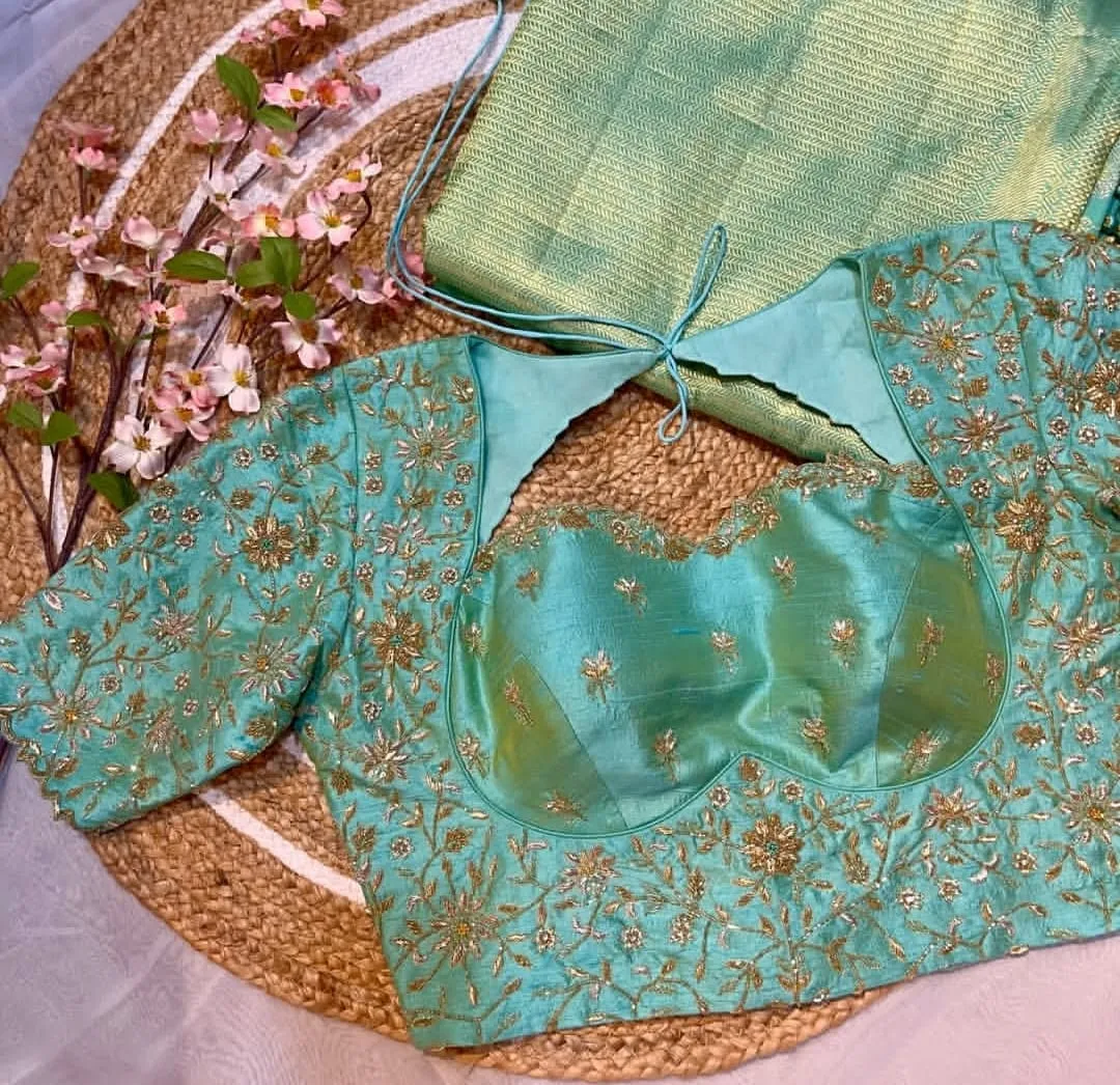 Turquoise Silk Blouse with Heavy Maggam Work for Brides