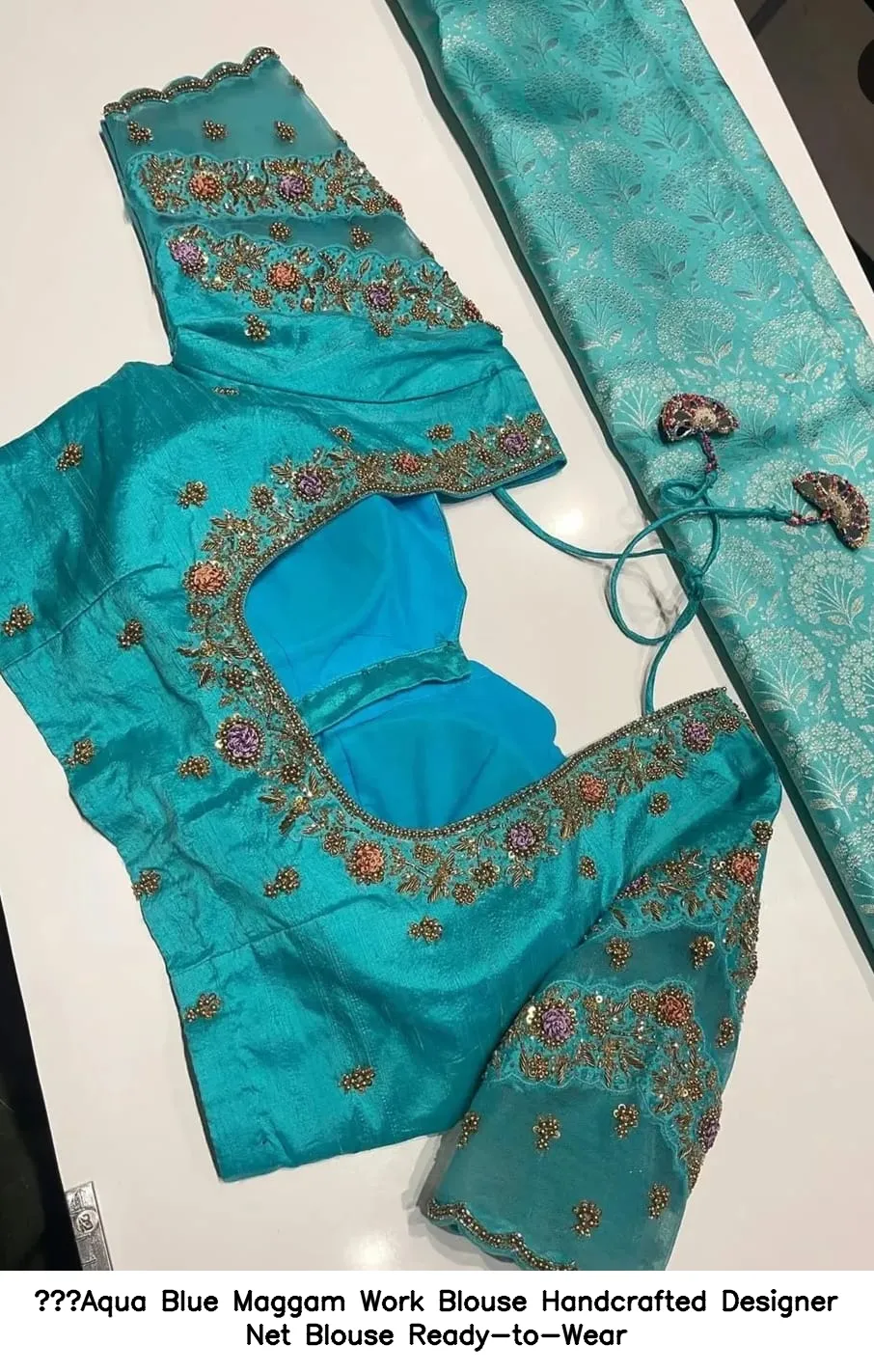 ​Aqua Blue Maggam Work Blouse  Handcrafted Designer Net Blouse  Ready-to-Wear