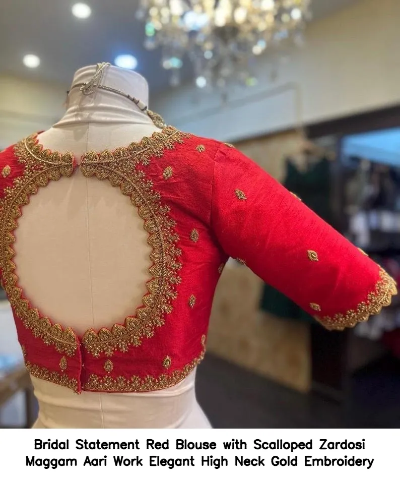 ​Bridal Statement Red Blouse with Scalloped Zardosi Maggam Aari Work – Elegant High Neck Gold Embroidery