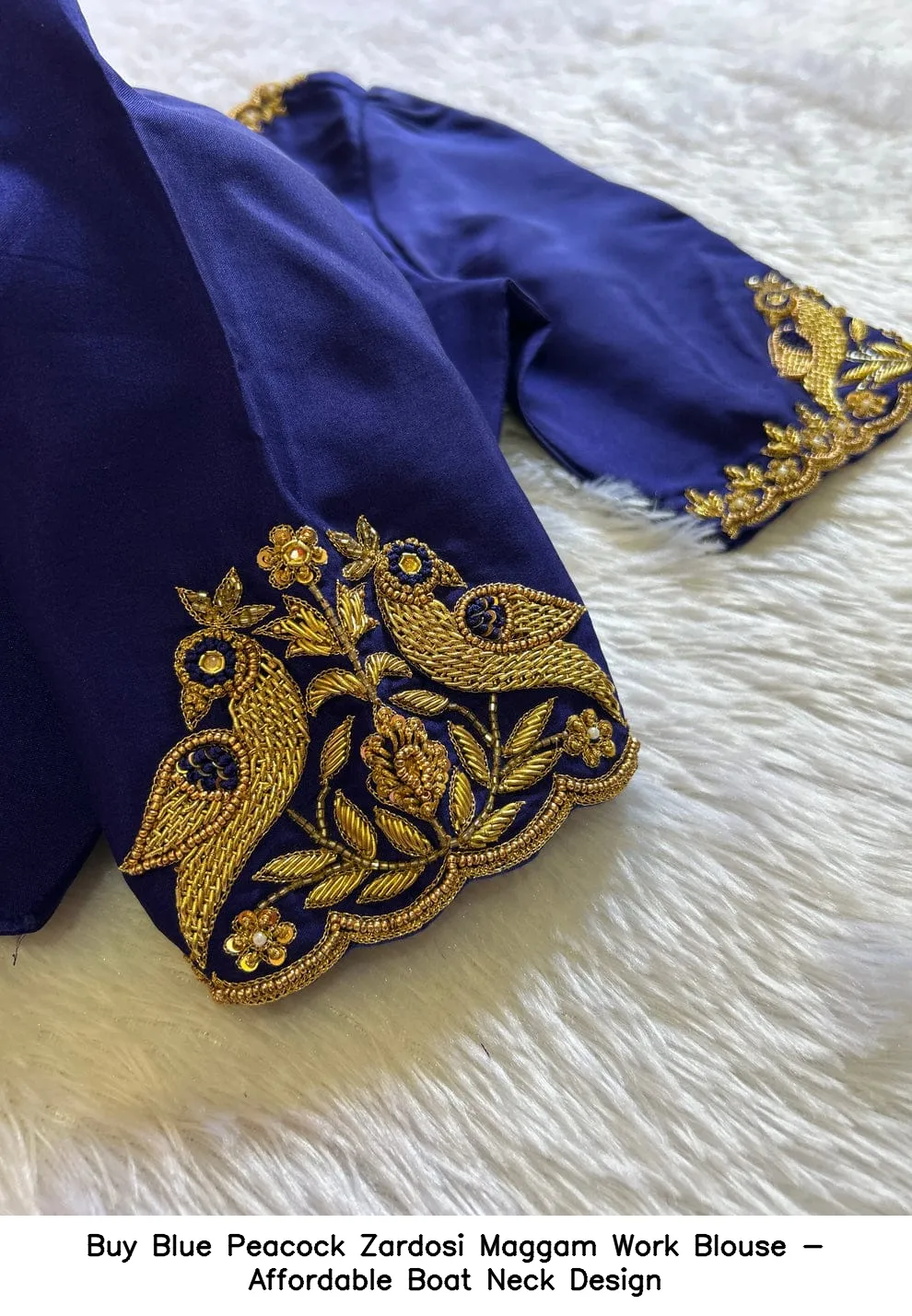 ​Buy Blue Peacock Zardosi Maggam Work Blouse - Affordable Boat Neck Design