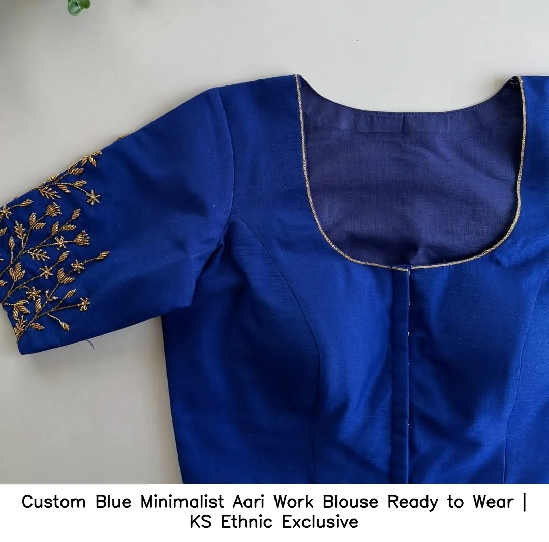 ​Custom Blue Minimalist Aari Work Blouse – Ready to Wear | KS Ethnic Exclusive