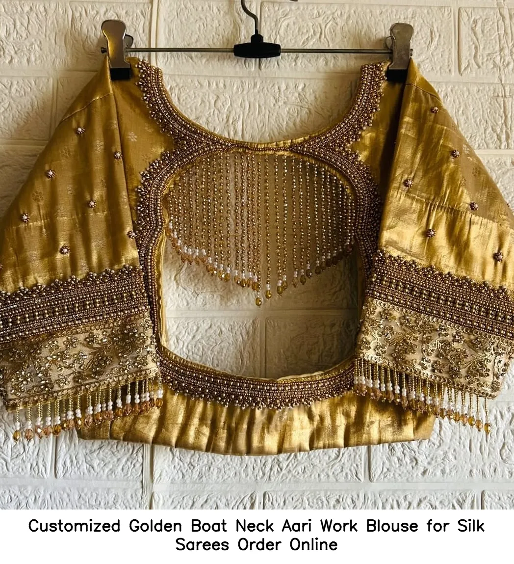 ​Customized Golden Boat Neck Aari Work Blouse for Silk Sarees – Order Online