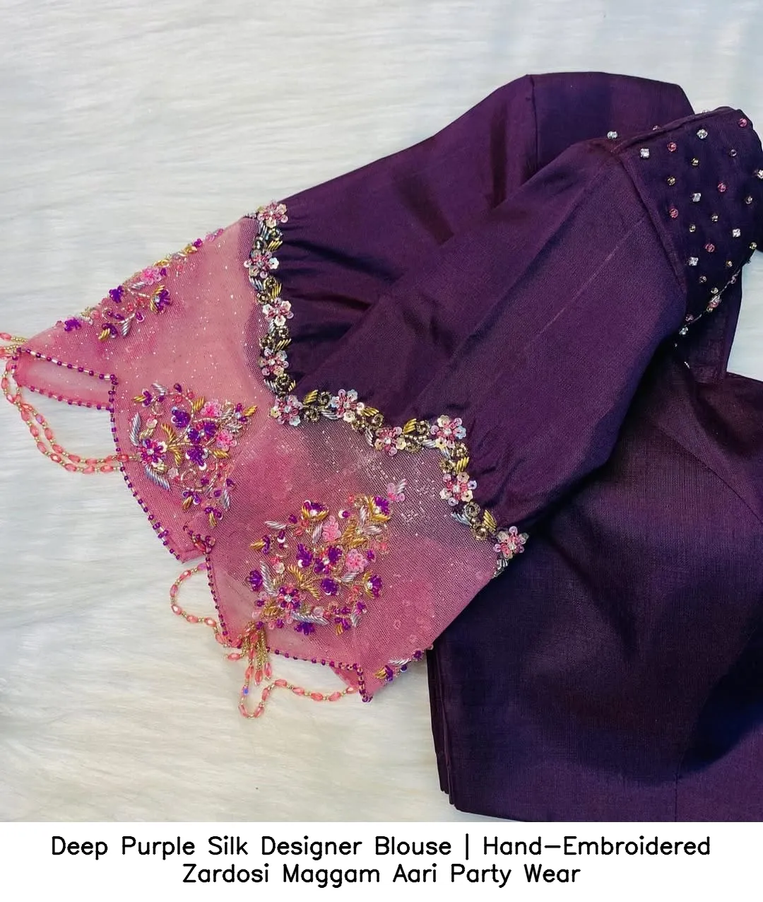 ​Deep Purple Silk Designer Blouse | Hand-Embroidered Zardosi  Maggam Aari Party Wear