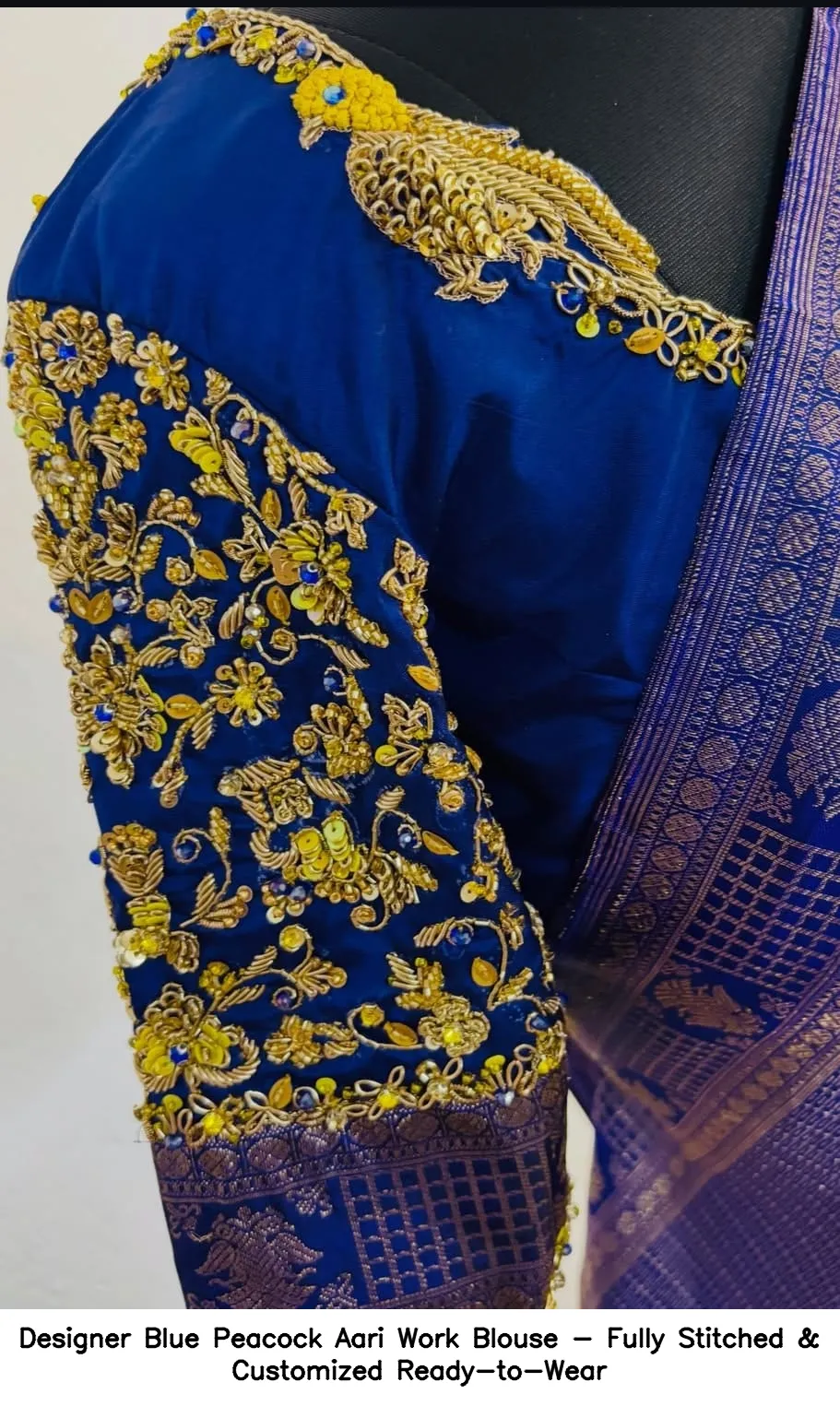 ​Designer Blue Peacock Aari Work Blouse - Fully Stitched & Customized Ready-to-Wear