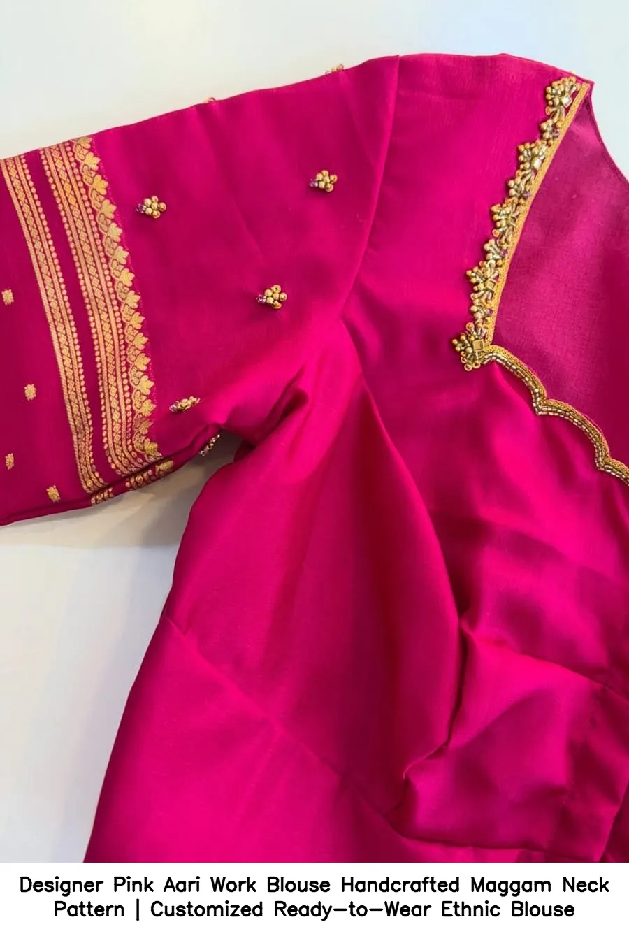 ​Designer Pink Aari Work Blouse – Handcrafted Maggam Neck Pattern | Customized Ready-to-Wear Ethnic Blouse