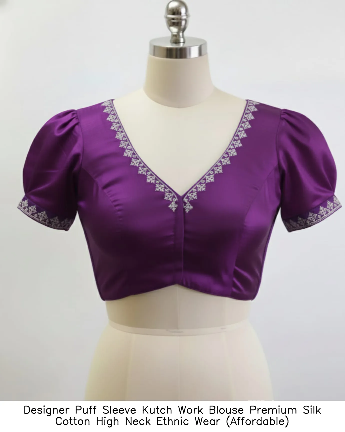 ​Designer Puff Sleeve Kutch Work Blouse – Premium Silk Cotton High Neck Ethnic Wear (Affordable)