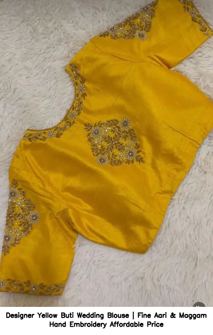 ​Designer Yellow Buti Wedding Blouse | Fine Aari & Maggam Hand Embroidery – Affordable Price